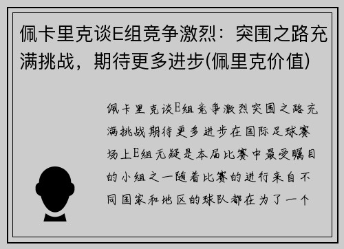 佩卡里克谈E组竞争激烈：突围之路充满挑战，期待更多进步(佩里克价值)