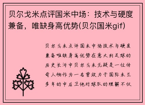 贝尔戈米点评国米中场：技术与硬度兼备，唯缺身高优势(贝尔国米gif)
