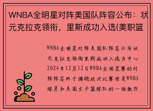WNBA全明星对阵美国队阵容公布：状元克拉克领衔，里斯成功入选(美职篮全明星投票)